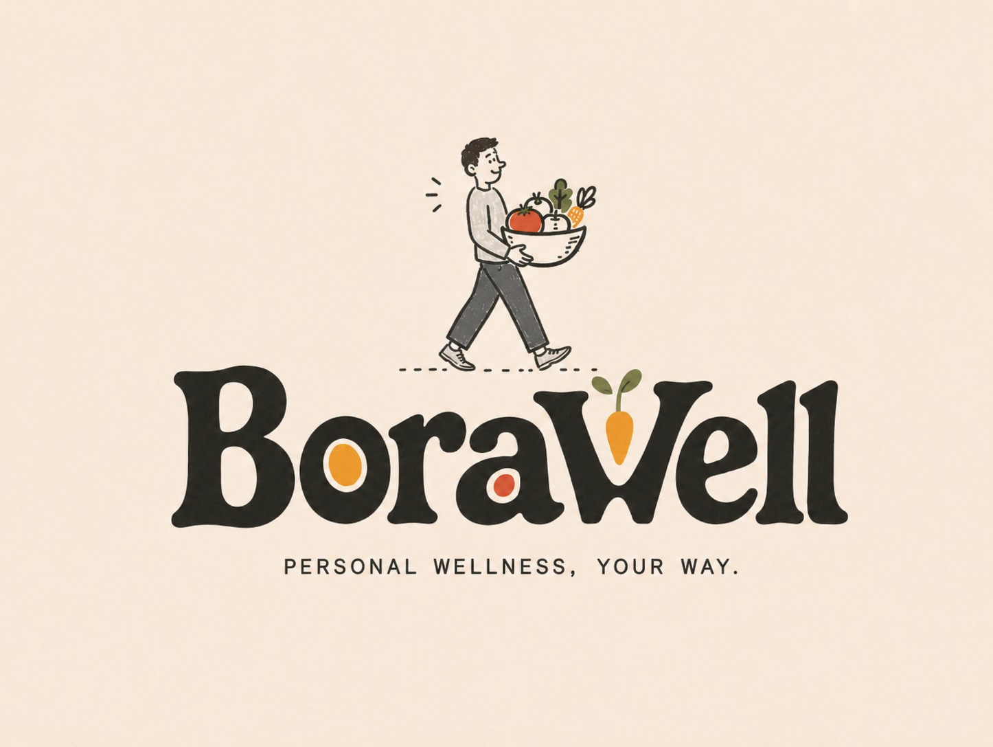 BoraWell — sebze dolu bir kâse taşıyan karakter ve Personal wellness, your way sloganı